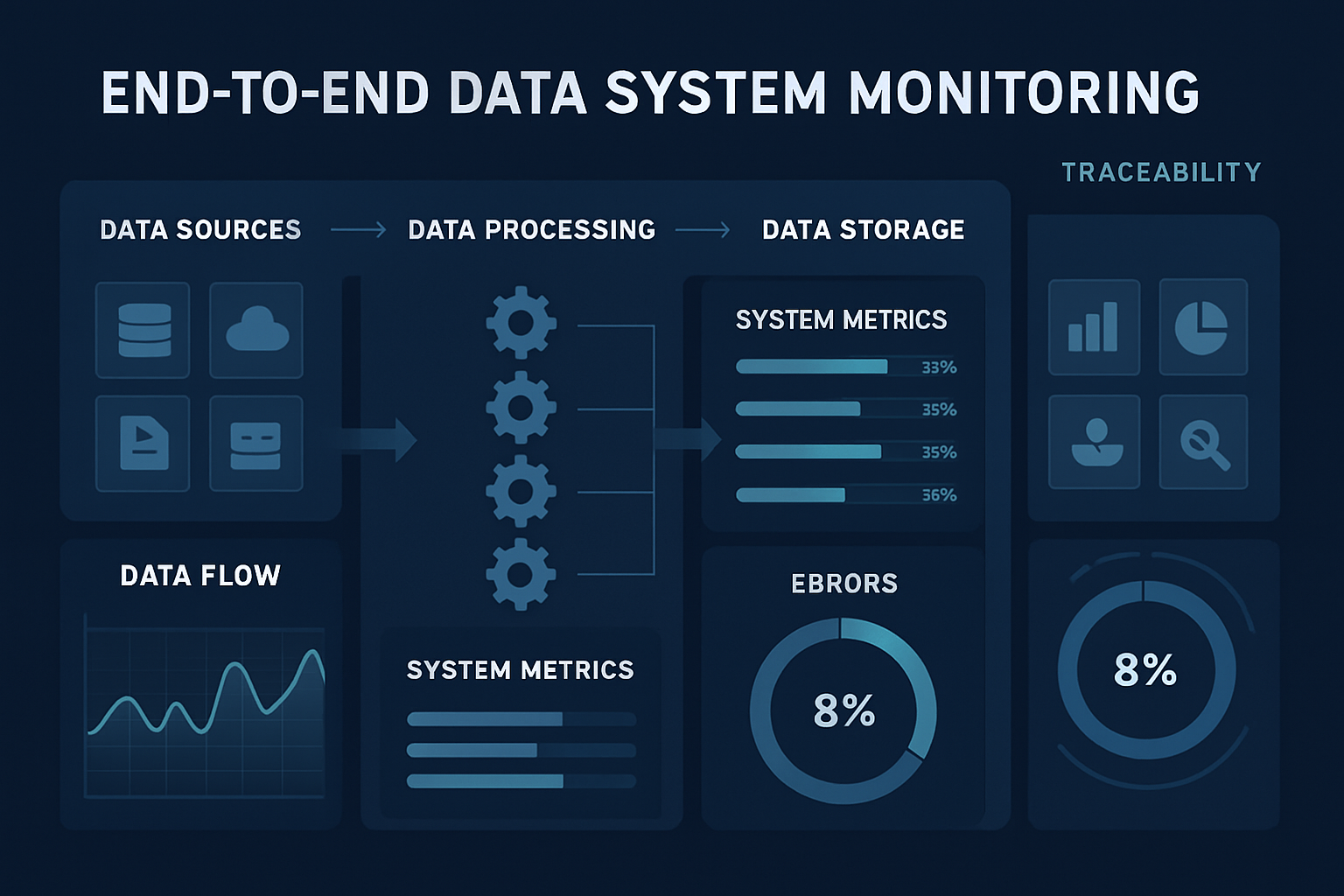 Dashboard showing end-to-end data system monitoring and traceability